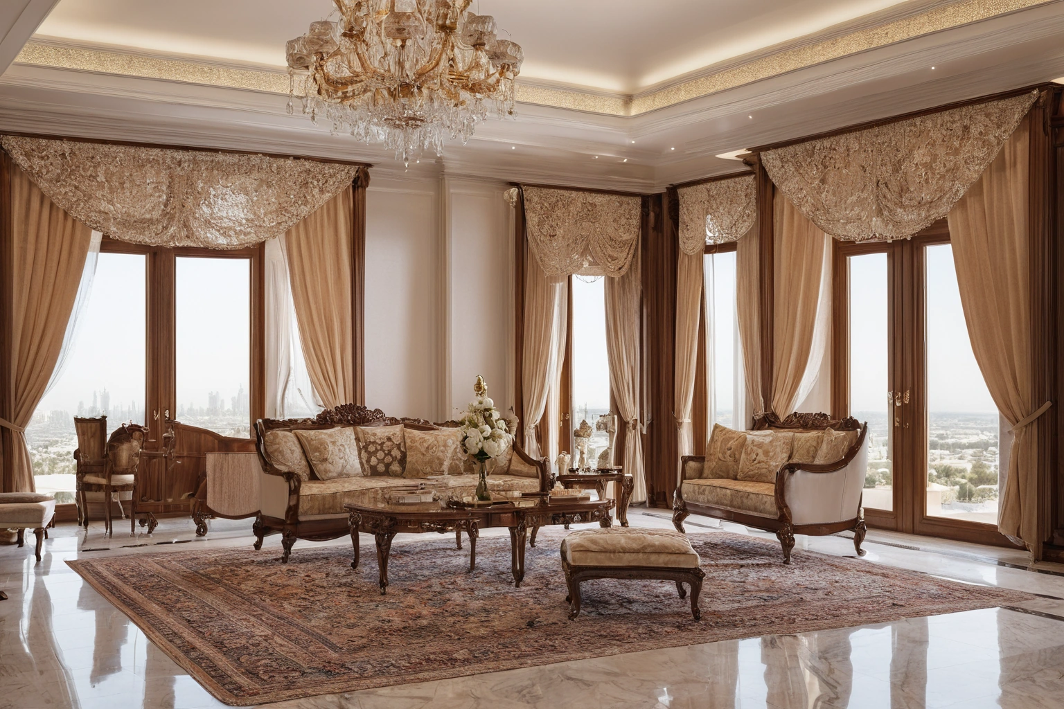 Classic luxury villa interior in Dubai with marble and carved furniture