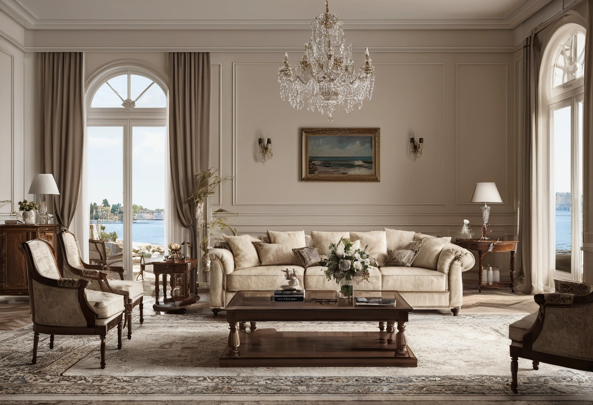 Palm Jumeirah style villa living room with classic furniture and sea light
