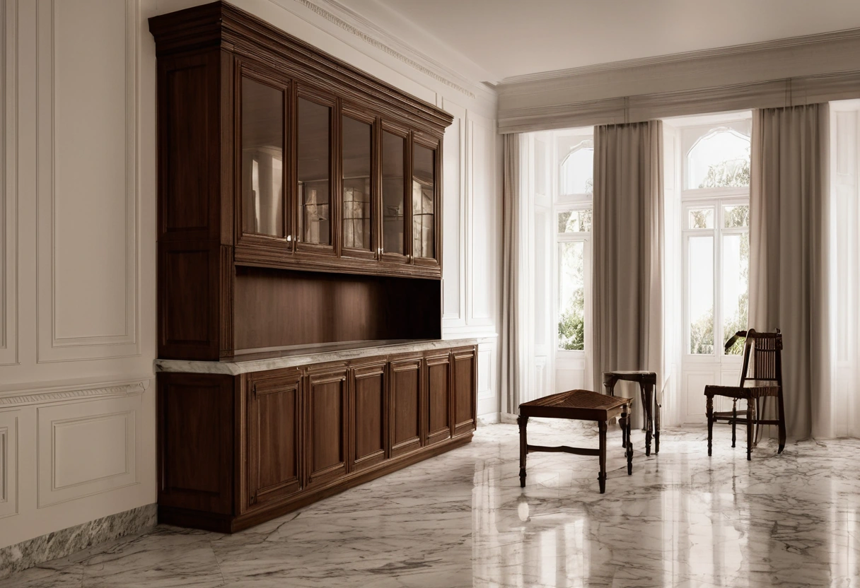 Villa fit-out in progress with installed classic cabinetry and covered floors