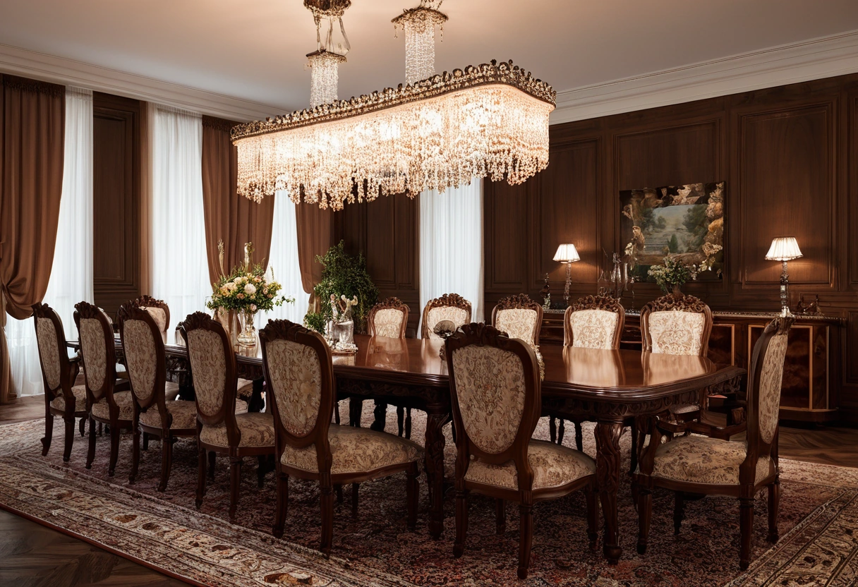 Villa dining room with a carved walnut table for twelve and a Murano chandelier