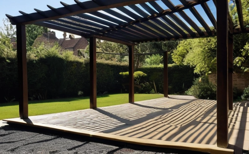 Illustration of parallel shadow bands from overhead slats falling diagonally across grey paving, with one narrow bright gap left open across the middle.
